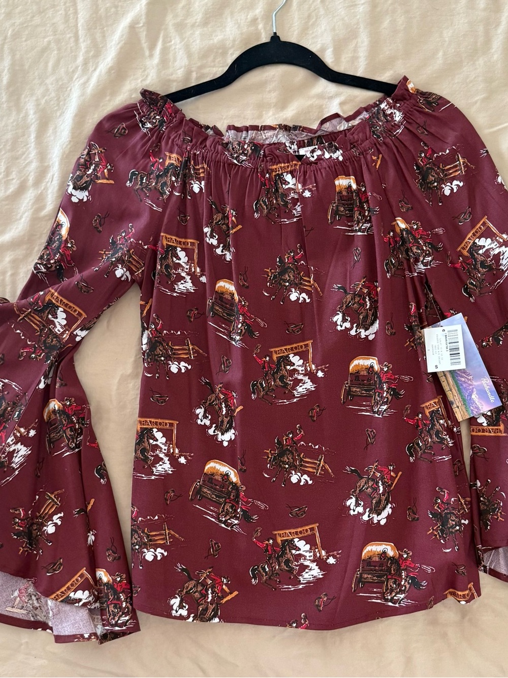 Women's Burgundy Off-Shoulder 3/4 Bell Sleeve Top - Western pattern